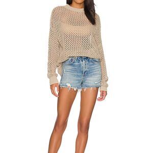 BEACH RIOT  Hilary Crochet Sweater Open Knit Cotton Beige Taupe Crewneck Size S